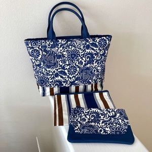 Vintage Blue Ivory Handbag Satchel Tote Talbots 14" X 9" Cotton w/Matching Cases